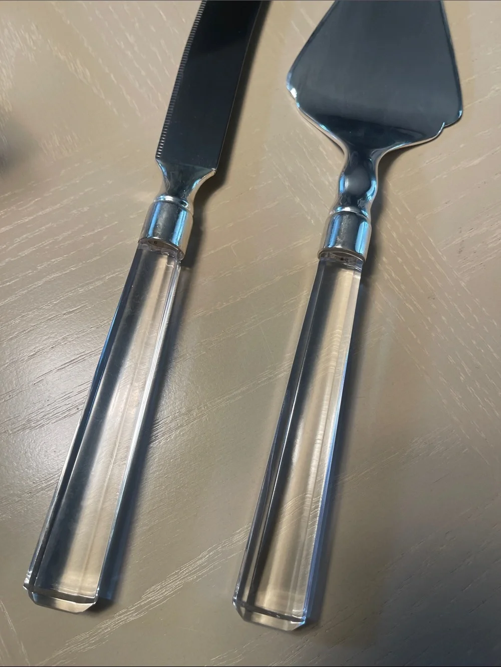 Clear Handle Cake Knife and Server Set - Silver Blades, Clear Acrylic Handles